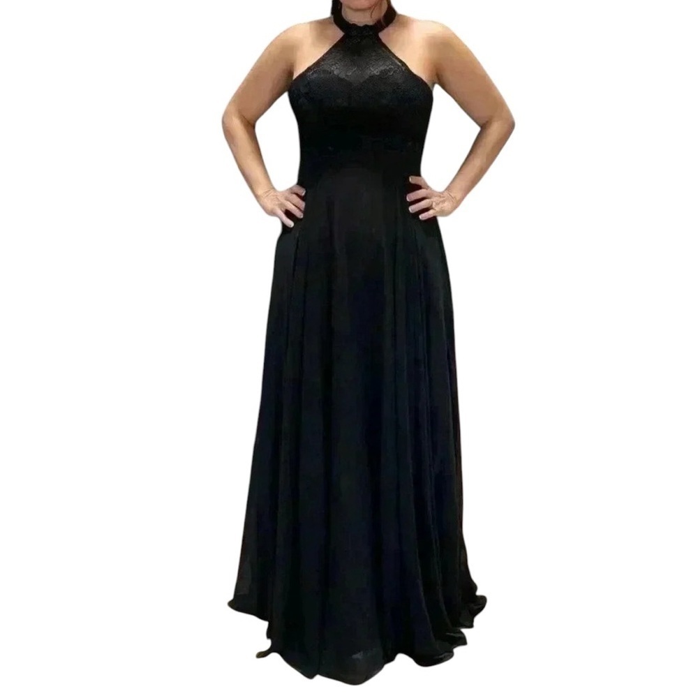 Black Maxi Flare Halter Dress Lace Bodice Size S - Picture 3 of 16